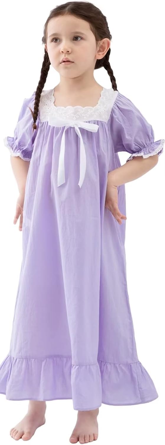 Nightgowns for Girls, Cotton Princess Pajama Dresses, Soft Vintage Sleepwears (Toddler,Kids)