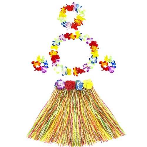 Hikkcos 5pcs Elastic Hawaiian Hula Grass Skirt for Girls Colorful Tropical Luau Flower Leis Headband Necklaces Bracelets Girls Party Supplies