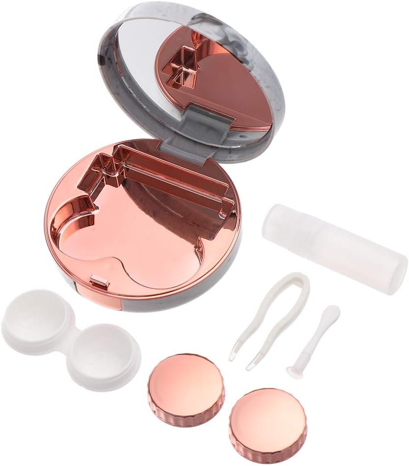 Mini Stylish Simple Contact Lens Travel Case,BeeGift Container Kit Set Contacts Lens Hard Case Travel & Home Kit Mirror with Bottle with Tweezers Container Holder (Rose Gold-Square)