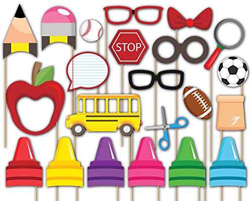 School Bus Photo Booth Props Kit - 20 Pack Party Camera Props Fully Assembled
