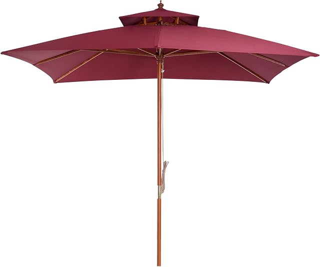 Outsunny 3 x 3 meter Patio Parasol Garden Umbrellas Sunshade Outdoor Wood Wooden Parasol Canopy Double Tier Wine Red