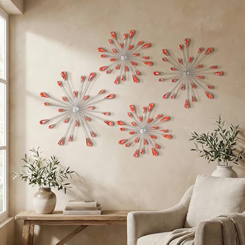 ZEXUIRU 4 Set Silver Starburst Wall Art for Home Decor Metal Bling Crystal Rhinestones Sunburst Wall Decor Sparkling Rhinestone Art Accent -Red 13in/11.8in/9.8in/9.8in