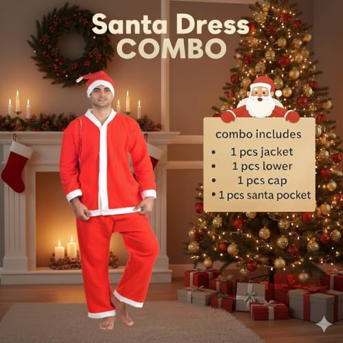 Image of PoPo Toys Santa Claus Costume for Christmas Adults Extra Large | Can Fit Any Individual | Red Santa Suit with Coat, Pant, Hat & Bag | Xmas Party & Fancy Dress Outfit Size 8 /XL