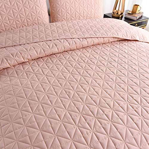 Exclusivo Mezcla King Size Quilt Sets, Lightweight Summer Blush Pink Quilts Geometric Stitched Pattern With 2 Pillow Shams, Ultra Soft Quilted Bedspreads Bedding Coverlets For All Seasons #TOP6