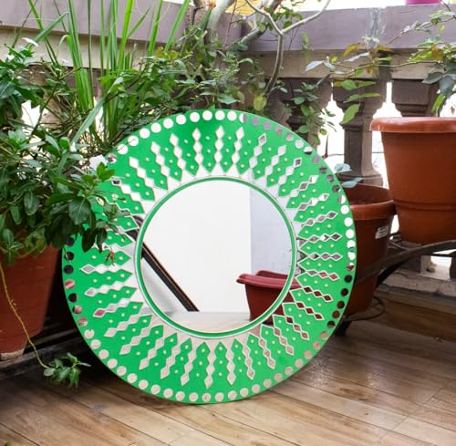Image of Ethnics of Kutch Traditional Kutch Handicraft Mud-Mirrorwork Lippan Kam Wall Art - (Green - LKT-1009)