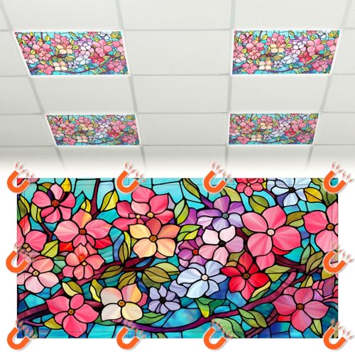 Glooglitter 4 Pcs Colorful Floral Fluorescent Light Covers 4 x 2 ft Stained Glass Magnetic Office Light Cover for Ceiling with 10 Magnets Filter Reduce Glare for Classroom School Home