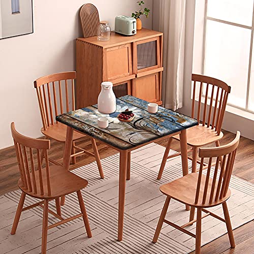 Fitted Square Tablecloth, Old Wood Grain Chrysanthemum Polyester Decor Tablecloths, Fits 30X30 Inch Table, Elastic Edge Oil & Dust-Proof Table Cover, For Living Room & Terrace Washable Table Clothes #TOP2