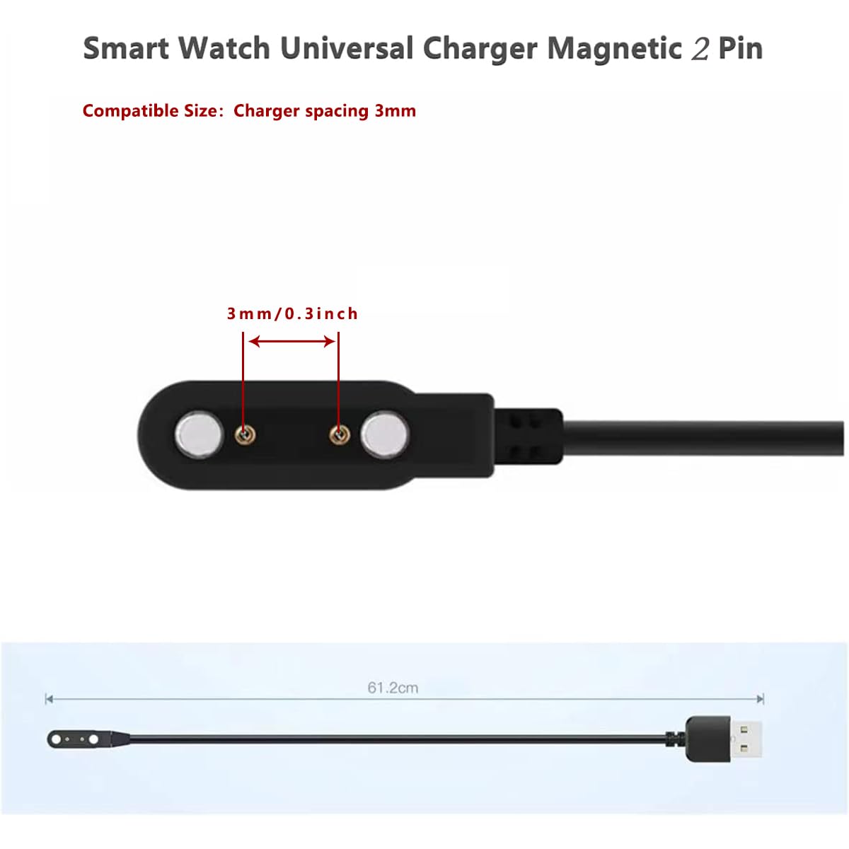 BaiWeiDun [2 Pack] Smart Watch Charger Cable, Magnetic SmartWatch Accessories Charger Cable 2 Pin Cord, Charger Contact pin spacing 3 mm for Smart Watch, Fitness Tracker (2)