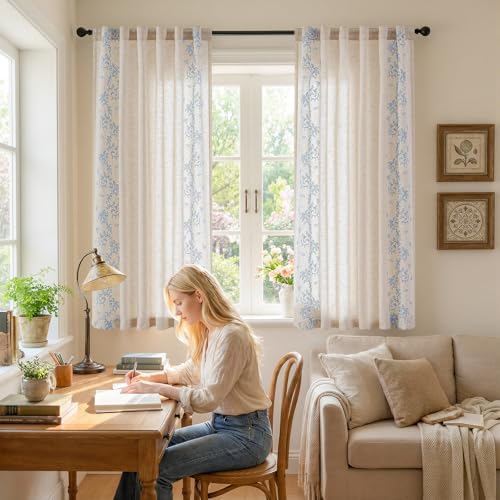 Image of jinchan Floral Linen Curtains, Back Tab 50x63 Inch, 2 Panels Blue