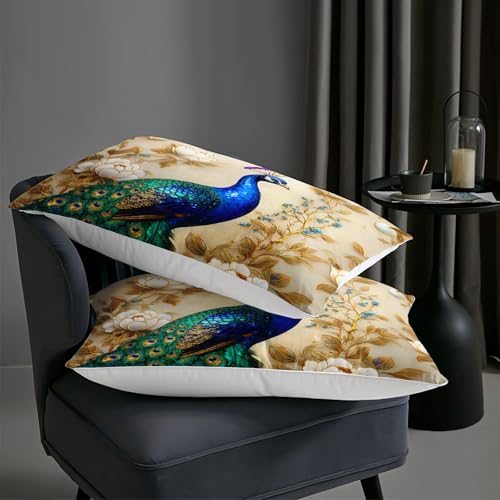 Image of AILONEN Peacock Gold Floral Luxury Print Bedding Sets Twin Size,Beautiful Garden Birds Comforter Set for Girls Women Bedroom Decor,3-Piece, 1 Quilt and 2 Pillowcases