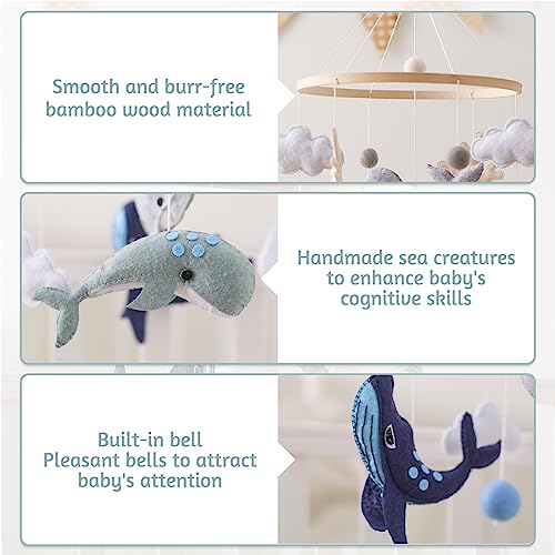 Promise Babe Mobile Baby Sea Animals with Felt Balls Baby Room Animal Dolphins Whales Wood Crocheted Mobile Newborn Boy Girl Clouds Animals Bed Bell Pendant Cot Cot Changing Table Decoration - Image 4