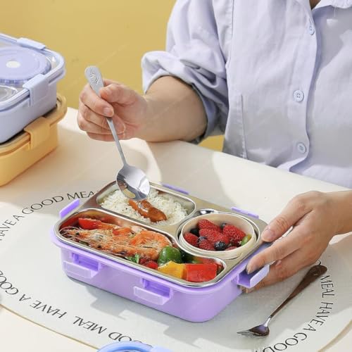 Image of Storio Lunch Box 3 Compartments 750ml | Leak-Proof BPA-Free Stainless Steel Lunchbox for Kids, School & Office | Tiffin Box with Extra Small Container | Durable & Easy to Clean - Purple