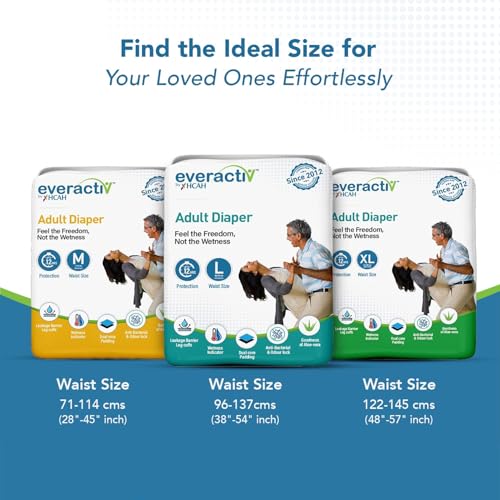 Image of Everactiv Adult Diaper - Wetness Indicator with Aloe Vera | Large (Waist 38-54 inches) - 120 Units (Pack of 12 x 10 Units) | Unisex (L, 120)