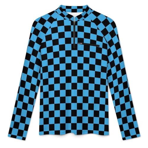 Black and Blue Checkered Men's Rash Guard Long Sleeves Quick Dry Fishing Workout Shirts with Zipper3