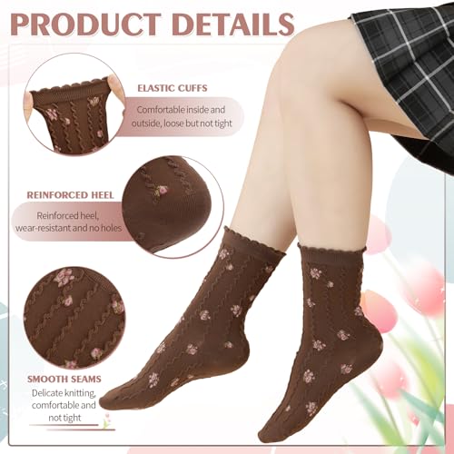 Image of Jspupifip Women Ruffle Socks, 4 Pairs Floral Frilly Socks Casual Ankle Breathable Knit Cute Lettuce Floral Crew Sock Size 5-7