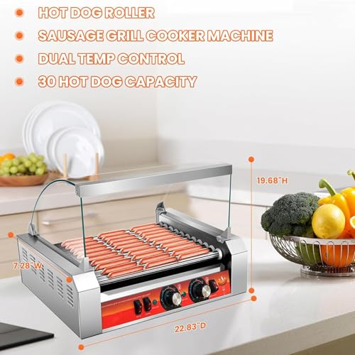 1670W 11-Roller Hot Dog Machine,Holds 30 Hot Dogs,Non-Stick & Stainless Steel,for Parties, Events & Food Stalls