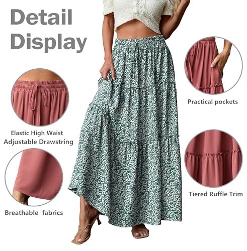Image of Lepunuo Womens Casual Boho High Waisted Flowy Maxi Skirts Tiered Floral Long Skirts with Pockets for Summer Beach Vacation
