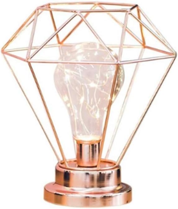 Diamond Shape Bedside Lamp,Nordic Style Iron Wire Table Lamp Decorative Metal Night Light for Bedroom Living Room (Rose Gold)