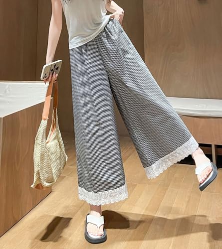 chouyatou Women's Elastic Waist Plaid Pants Lace Trim Wide Leg Capri Palazzo Pants Culottes with Pockets4
