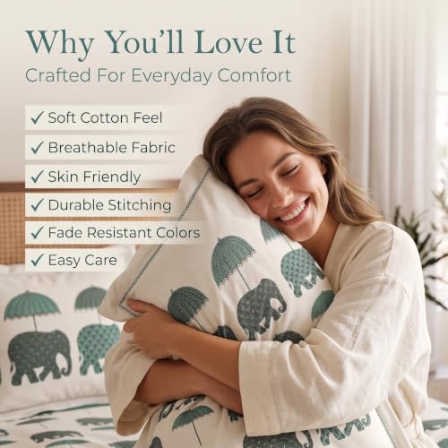 Image of BSB HOME 240 TC Cotton Feel Double Bedsheet with 2 Pillow Covers, Premium Soft Breathable Bed Sheet Set, Fade Resistant, All-Season, Easy Care, 90 x 100 Inches (228 x 254 cm) - Cream & Deep Teal
