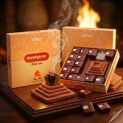 MAAGAIA Dainik Havan Cups for Puja [15 pcs + Holder] Pack of 3 | 100% Natural Cow Dung Dhoop Cups with Guggal, Loban & Herbs | Charcoal-Free Daily Sambrani Dhoop Cup Replacement for Home Purification