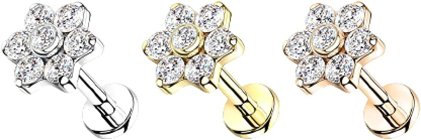 Pierced Owl 16GA Implant Grade Titanium Flower CZ Flat Back Labret