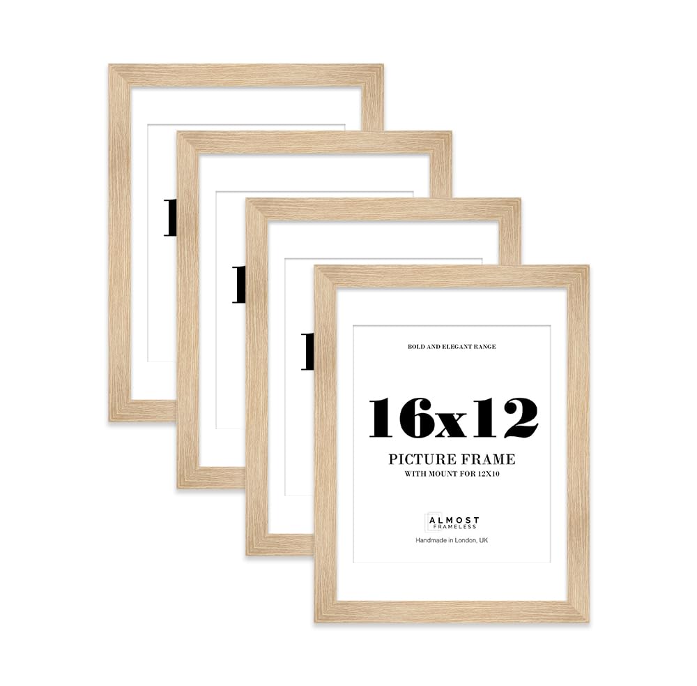 16x12 Oak Frame With Mount for 12x10 Pictures 28mm Edge Portrait and Landscape Display with Wall Hooks, 4 Pack