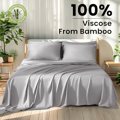 Shilucheng 100% Viscose Derived from Bamboo_ Sheets Queen Size 6pcs - Ultra Cooling & Silky Soft Bed Sheets, 16" Deep Pocket, Perfect for Hot Sleepers, Hotel Bedding Sheets (Grey)