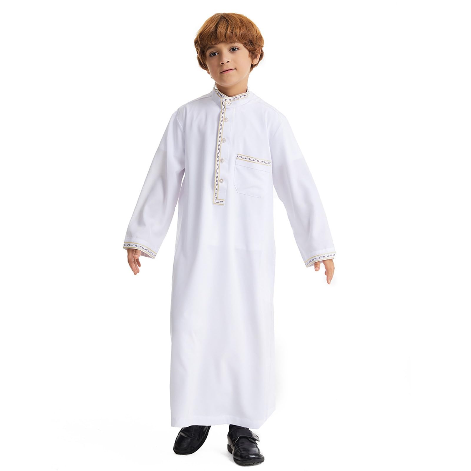 Eid ubrania dla chłopców biała Thobe muzułmańska szata z długim rękawem zapinana na guziki chłopcy Jubba z kieszeniami kaftan haftowana odzież narodowa Abaya dla dzieci na prezenty Eid i piątkowe