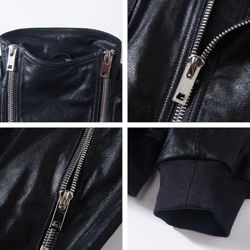 Image of FLAVOR Mens Leather Motorcycle Jacket Real Leather Biker Jacket with Stand Collar