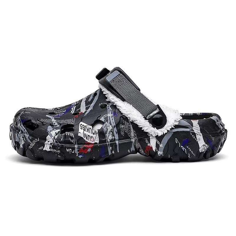 Image of Men's Graphic Fuzzy Lined Clogs Winter Slip On Shoes | Warm Plush Lined Clog Shoes with Vintage Printed Design, Lightweight Closed Toe Casual Footwear for Indoor Outdoor Daily Wear
