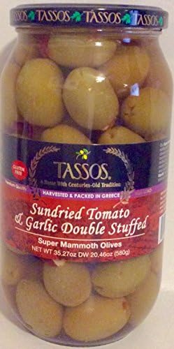 Tassos Sundried Tomato & Garlic Double Stuffed Super Mammoth Olives 35.27.oz