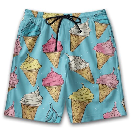 Refreshing Mens Swim Trunks - Ice Cream Hawaiian Mens Shorts Casual - Summer Drawstring Beachwear Shorts PA84