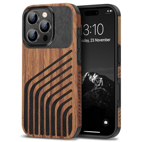 Coque iPhone 16 Pro hybride bois carbone cuir, étui de protection chevelure