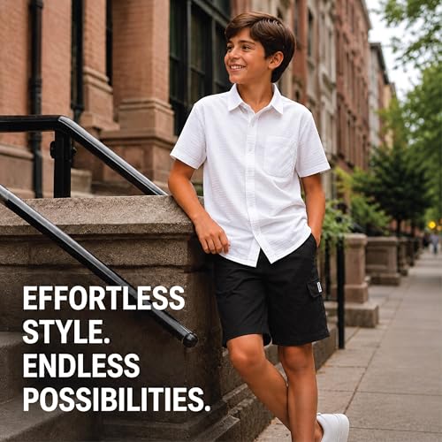 Image of DKNY Boys Shorts Set - 2 Piece Short Sleeve Collared Button Down Shirt and Matching Shorts for Boys (Sizes: 8-12)