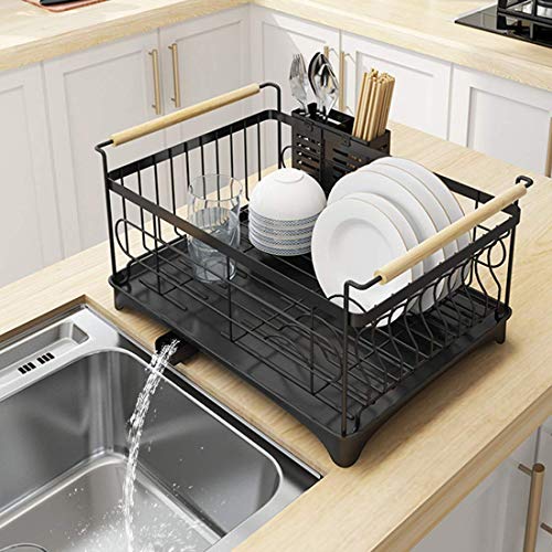 Teakpeak Edelstahl 201 Dish Drainer mit Auffangschale für Küchenteller und Besteck, Edelstahl, Schwarz, Mittel