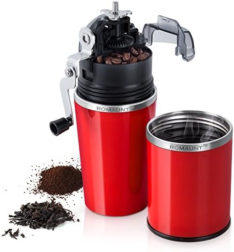 Travel Coffee Grinder Set ROMAUNT All In One Portable Manual Grind Brew Coffee Maker Single Serve 2X Stainless Steel Mug Ceramic Burr Brewer Gift (Red)