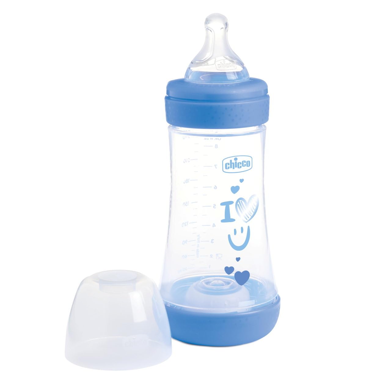 Chicco Perfect 5 Flacone Anti-Colic Flacone da 240 ml, Flusso Medio, per Bambini 2 m+, Ciuccio in Silicone, Bottiglia per l'Alimentazione Biberon da 240 ml con Sistema Intui-Flow