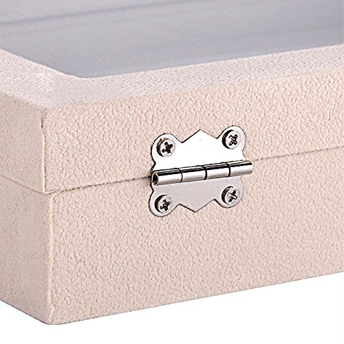 Sky Piea 24 Grid Velvet Glass Jewelry Box Jewellery Organiser Earring Ring Storage Holder Case Box (Beige) - Thumbnail 7
