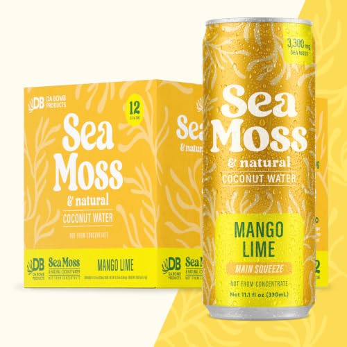 Da Bomb Sea Moss Coconut Water Drink, Mango Lime, 12 Pack, 11.1 fl oz Cans, 3,300 mg Sea Moss, Electrolytes, No Added Sugar, Non-GMO, Dairy Free, Gluten Free
