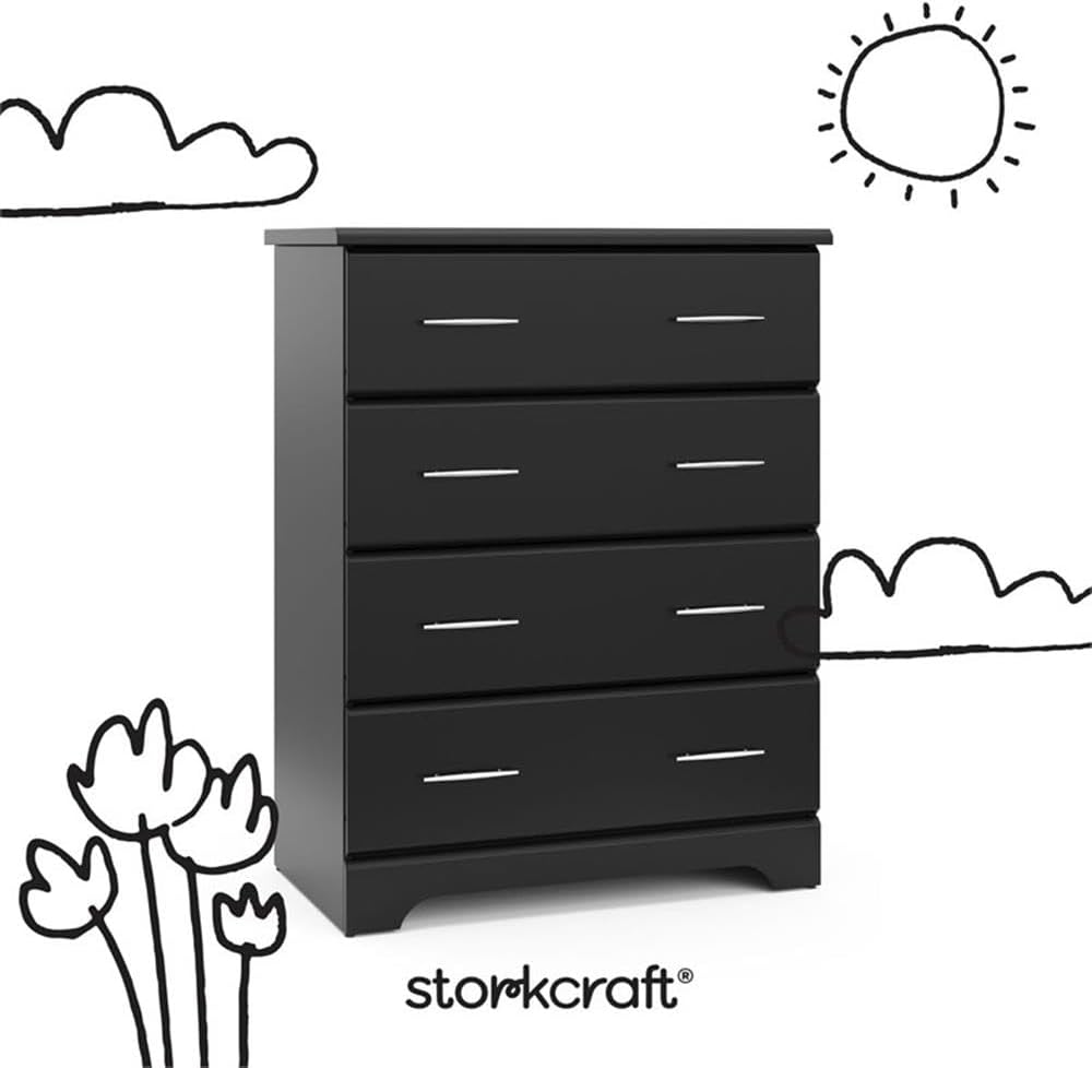Pemberly Row 4-Drawer Engineered Wood Chest, Black Laminate Finish, 39.75 in H x 30.95 in W, Vertical Dresser for Baby or Kids Room, Safety Stops, Modern Design, Durable Nursery Storage