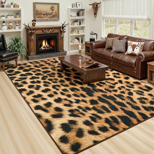 AROGAN Premium Leopard Rug for Living Room 5×7 Feet, Machine Washable Cheetah Rug Animal Print Hide Area Rug, Large Non-Slip Faux Fur Zebra Skin Rugs Carpet for Office Bedroom Dinner Room Home Decor