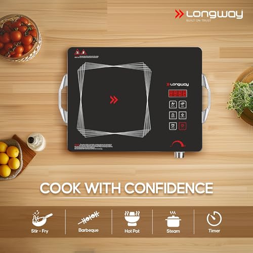 Image of Longway Infralite Pro 2200W Infrared Induction Cooktop with Steel Grill Rack, Crystal Glass Top, Touch Panel & Digital Display, 4 Preset Modes - Stir Fry, BBQ, Hot Pot & Steam, Black