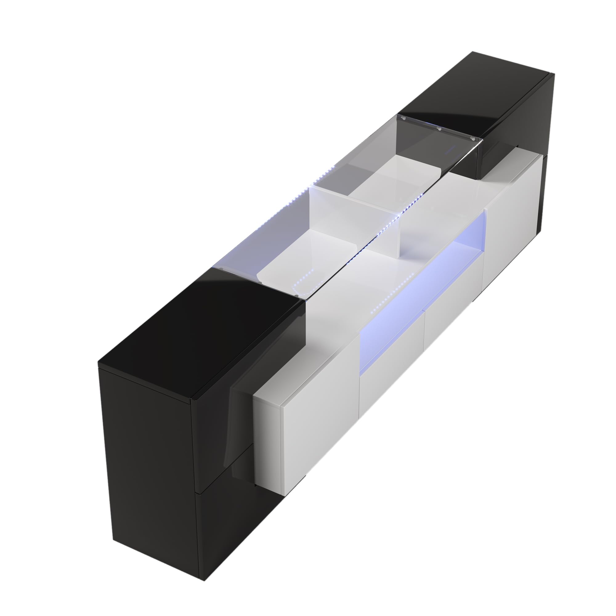 Meuble TV LED Moderne de 200 cm de Hauteur - Noir et Blanc Brillant - avec éclairage LED - Deux tiroirs et Trois Compartiments - Convient pour Le Salon et la Chambre à Coucher (Noir + Blanc)