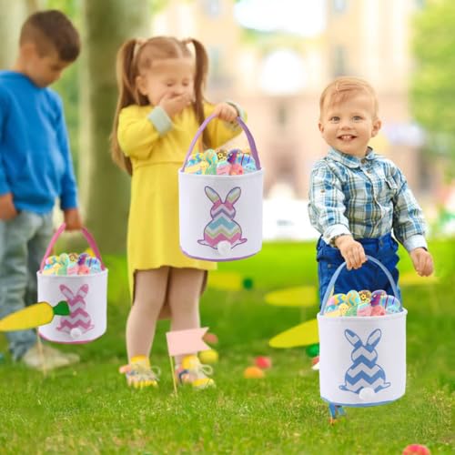 Image of 3 Pack Easter Bunny Baskets,Canvas Personalized Easter Bunny Baskets Bucket Tote Gifts Bags,Easter Egg Hunt Easter Party Favors Decoration Toys for Girls Boys (3 Pack)