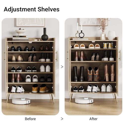 Rattan Shoe Cabinet, 5-Tier Shoe Storage Cabinet with Doors, 2 Adjustable Shelves and Heavy Duty Metal Legs, Farmhouse Shoes Organizer for Entryway Hallway Living Room, Oak