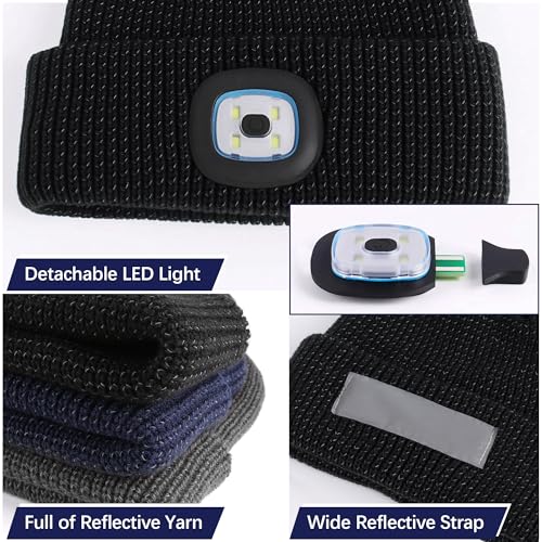 Babalet Beanie Hat with Light, Rechargeable LED Reflective Knitted Headlamp Caps, Warm Winter Gifts for Men Dad Father Husband Him, Ideal for Outdoor Night Activities,Black