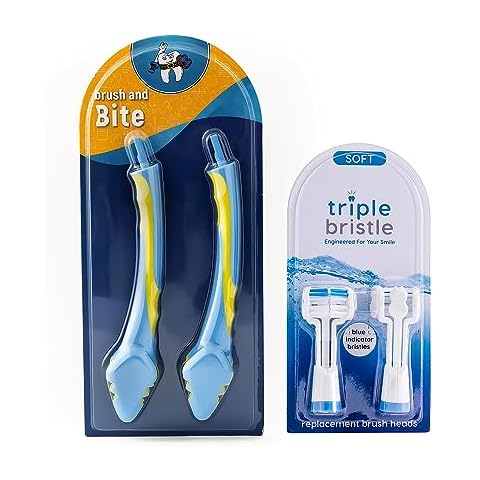 Triple Bristle Brush and Bite Handle Replacement Brush Head Combo | Special Needs & Autism Mouth Prop Toothbrush | Ergonomic Handle w/Bite Block | Patented 3 Head Design | Kids & Adults Cover