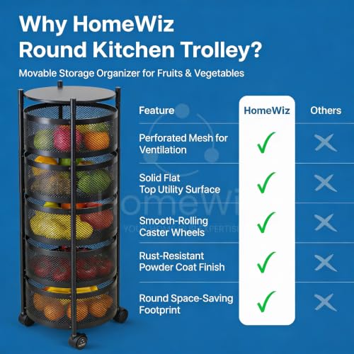 Image of HomeWiz Round Kitchen Rack 5- Layer | Lifetime Usage Heavy Duty Steel Trolley | Kitchen Storage | Onion Potato Rack for Kitchen | Multipurpose Storage Rack for Fruits & Vegetables | Rust-Free Forever