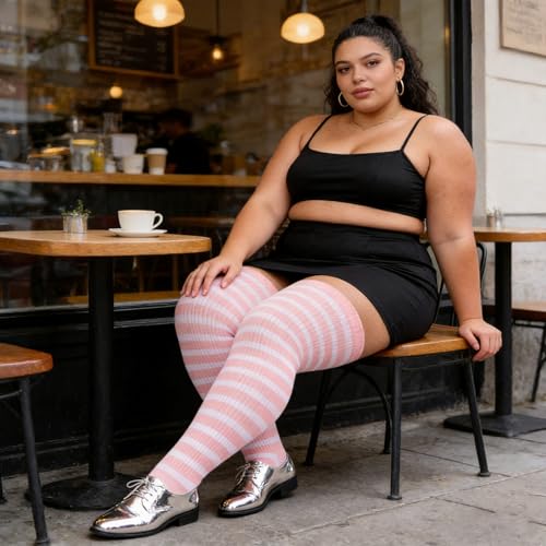 Image of DRESHOW Plus Size Thigh High Socks Striped Over Knee Long Boot Stockings Knee High Tube Socks Leg Warmers for Women